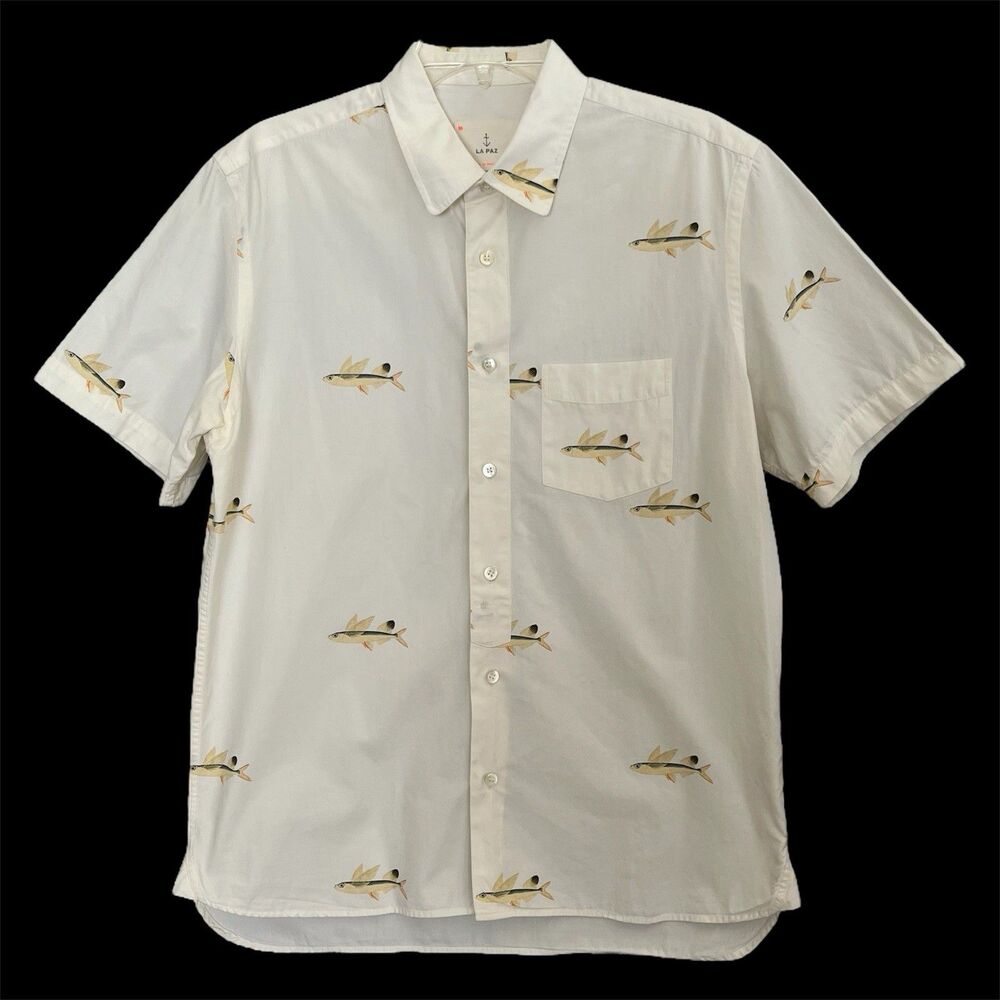 La Paz Shirt Flying Fish Allover Print Mens M Cotton Button Up Upscale Casual